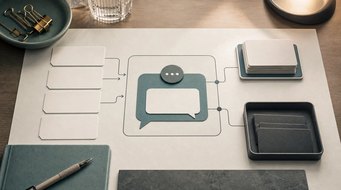 Chatbot boundary showing conversation, knowledge, and human handoff as a limited support surface