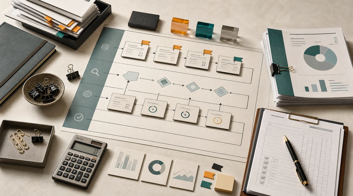 Operations and finance dashboard diagram with grouped signals and exception review