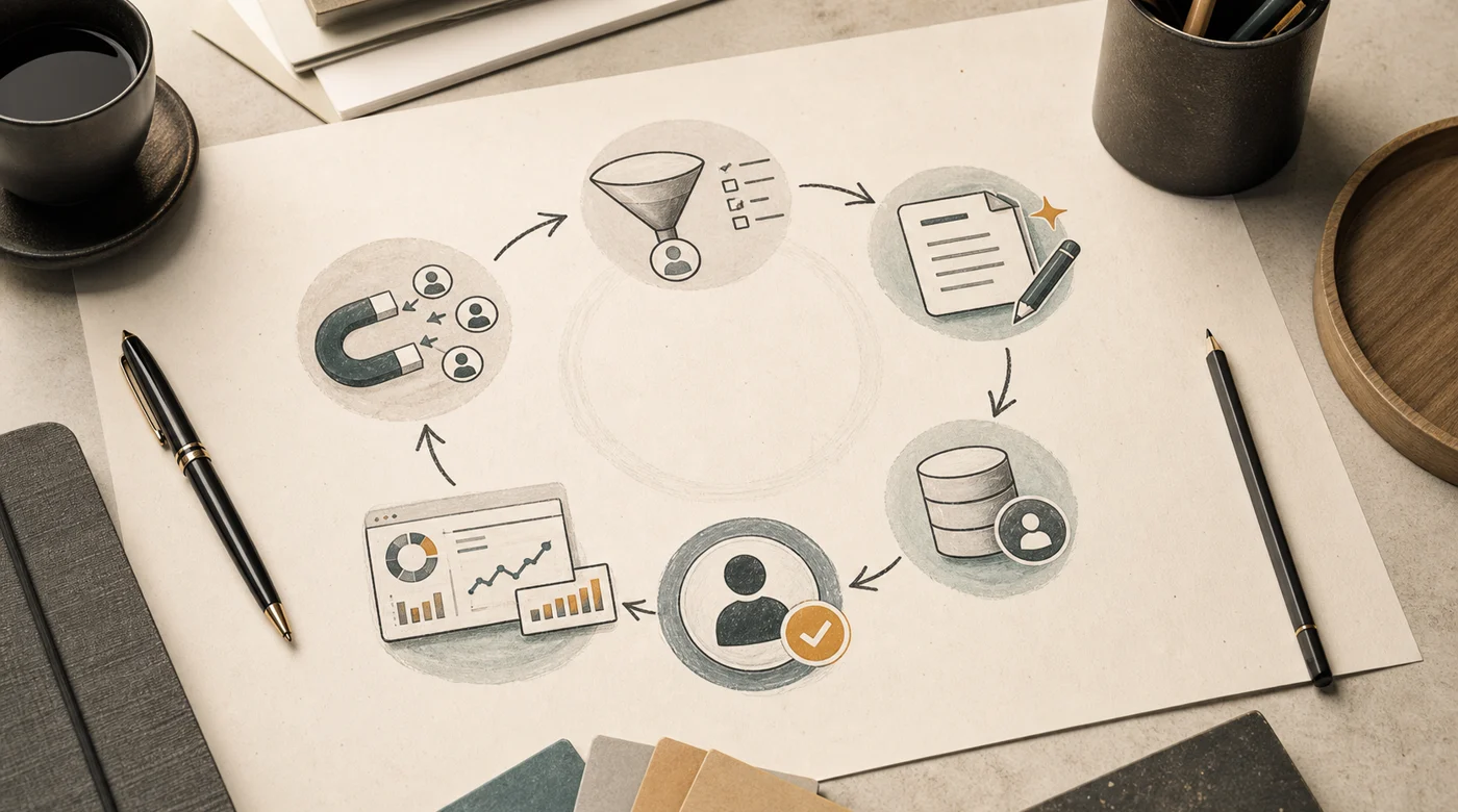 Sales automation loop from lead capture through CRM update and manager review