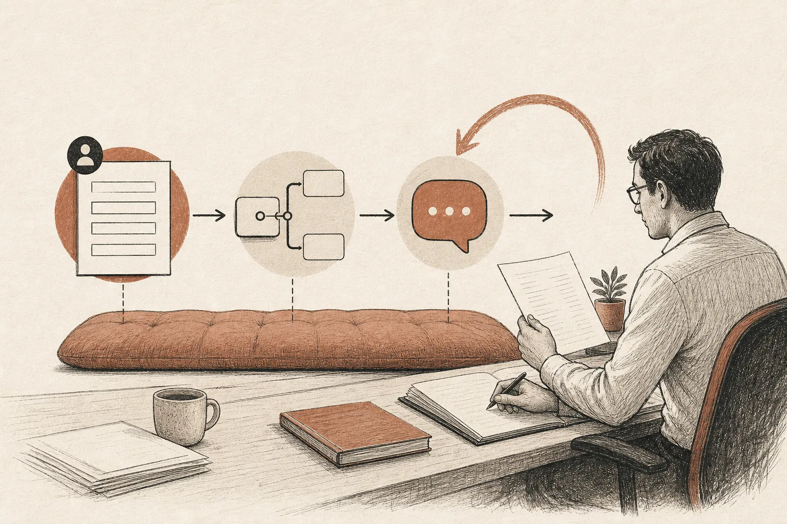 Small low-risk AI builder experiment on a desk, with human review and simple routing shown visually without text