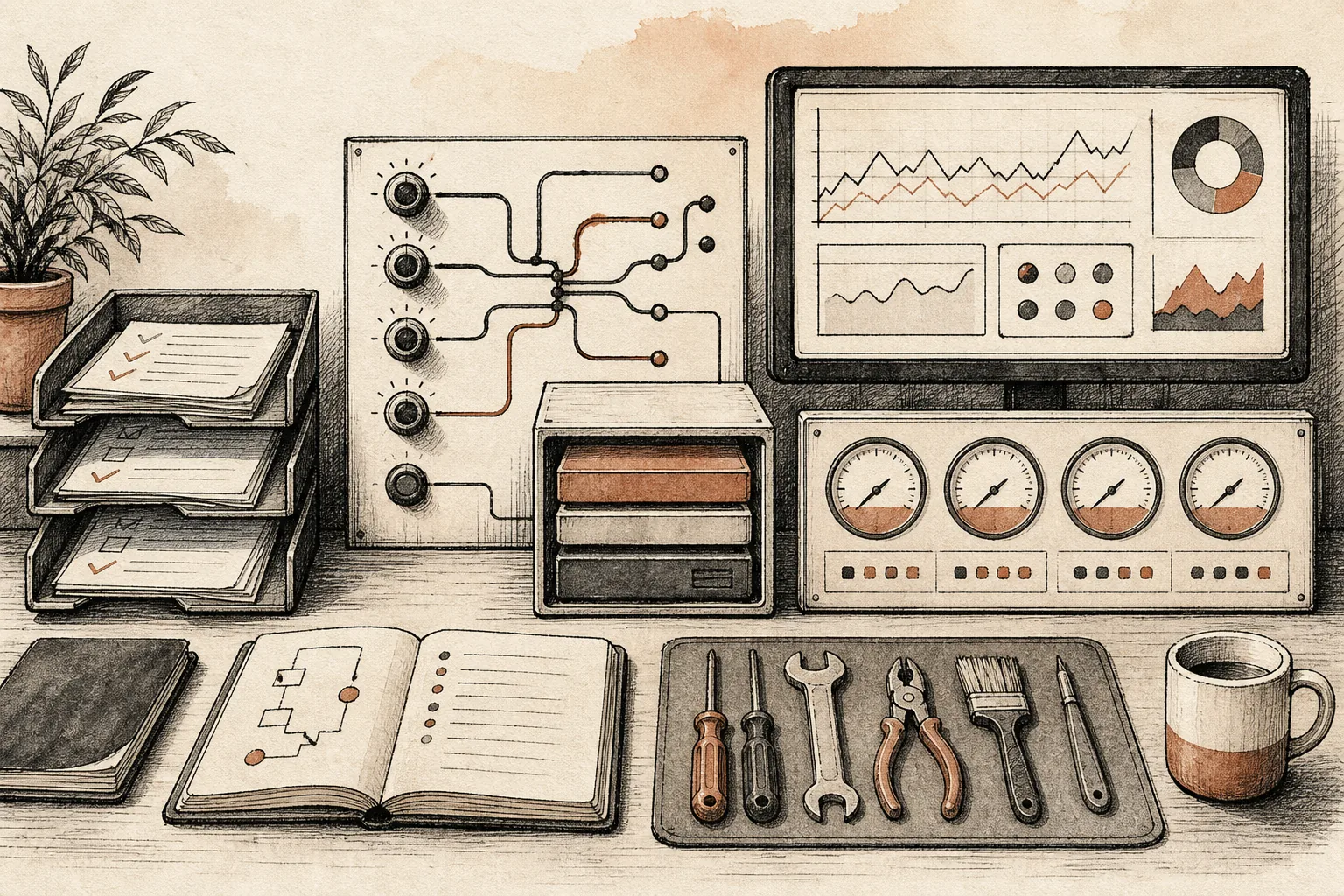 Post-launch AI operating cost illustration with support review, model routing, caching, and usage meters