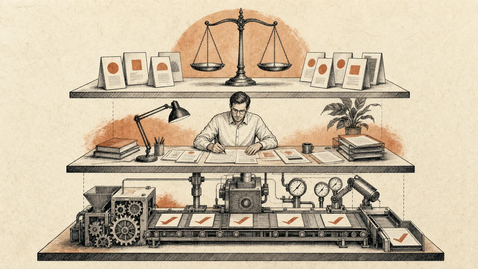 Deterministic checks, human review, and LLM judge working as three evaluation layers