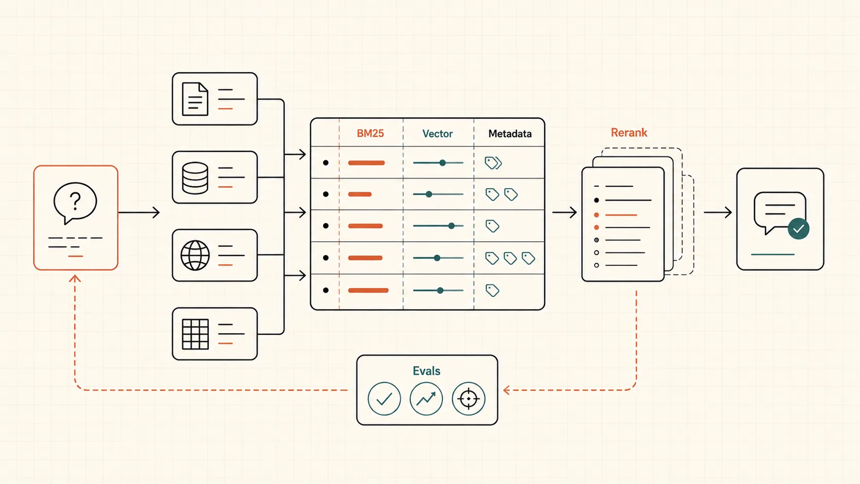 RAG pipeline with BM25, vector search, reranking, sources, and eval checkpoints