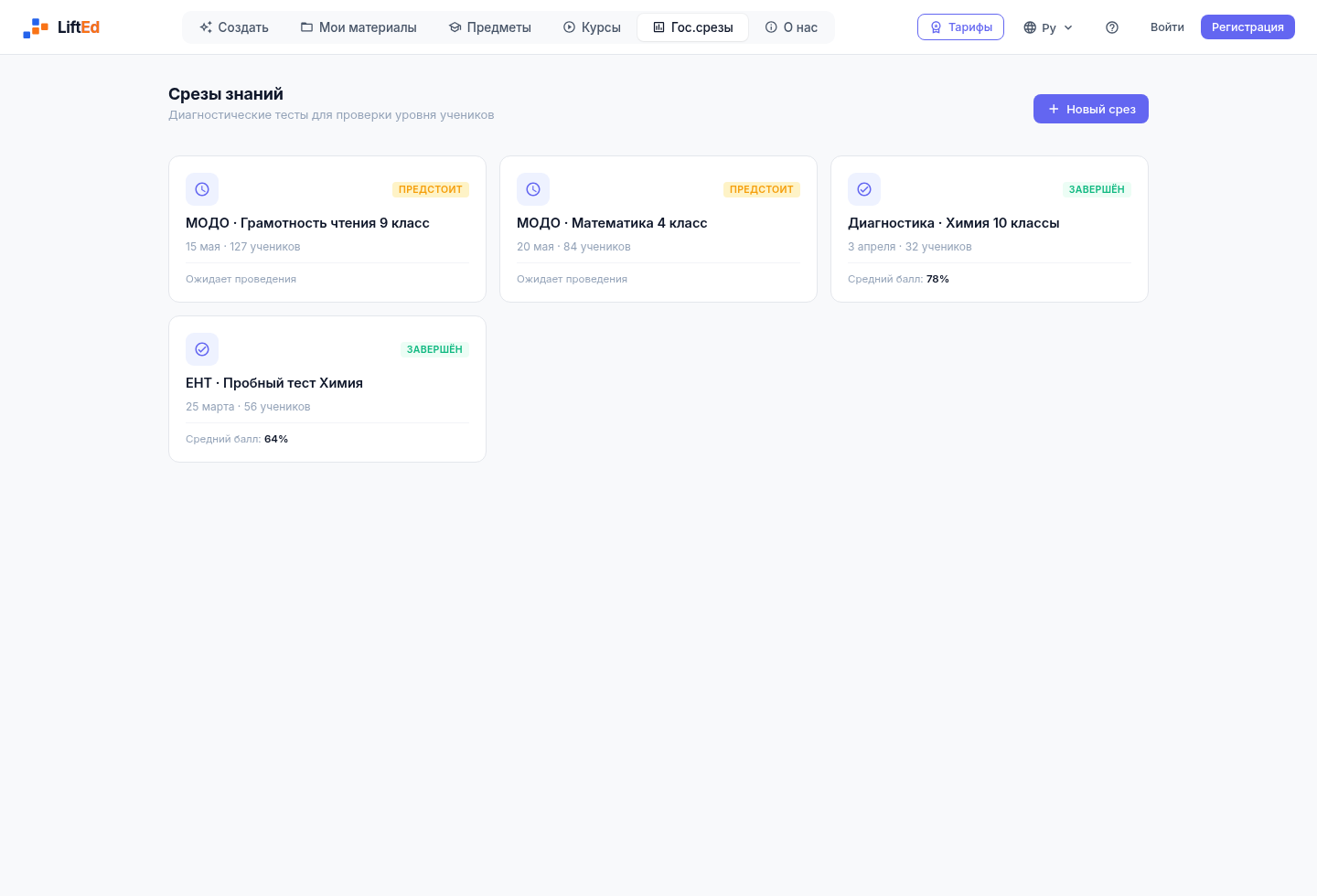 LiftEd assessment dashboard with school checks, student counts, and assessment status